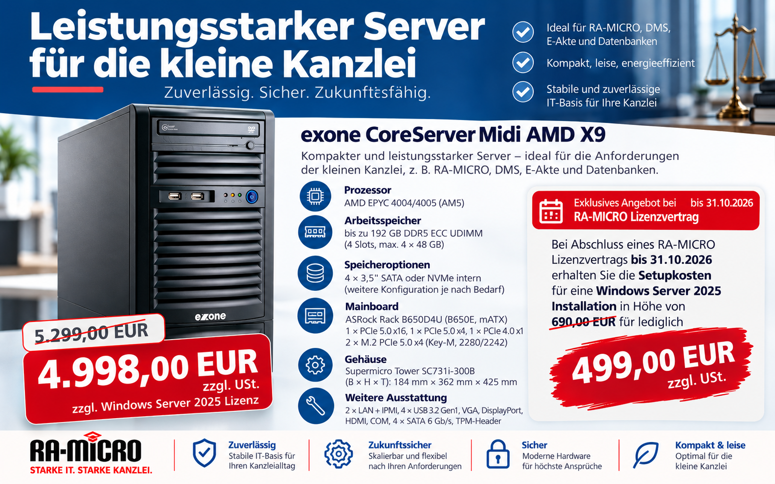 exone CoreServer Midi AMD X9 – leistungsstarker Kanzleiserver für kleine Anwaltskanzleien mit RA-MICRO